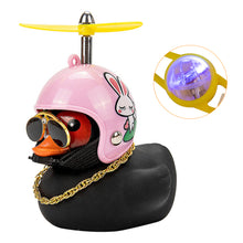 Load image into Gallery viewer, Duck Toy with Sticker Silicone Broken Wind Black Duck Propeller with Helmet Ornaments for Car Interior Bike Motor Cycling Decoration
