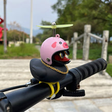 Load image into Gallery viewer, Duck Toy with Sticker Silicone Broken Wind Black Duck Propeller with Helmet Ornaments for Car Interior Bike Motor Cycling Decoration
