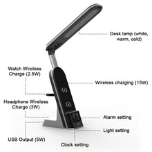 Load image into Gallery viewer, 15W 7-IN-1 Multifunctional Desk Lamp Wireless Charging Foldable Led Eye Protection Desk Lamp Mobile Charger With Alarm Clock
