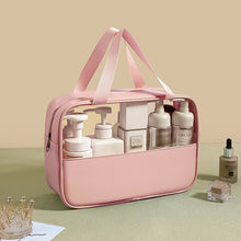 Load image into Gallery viewer, Splicing Makeup Bag PVC Translucent Large Capacity Bath Bag PU Waterproof Handheld Portable Travel Storage Bag
