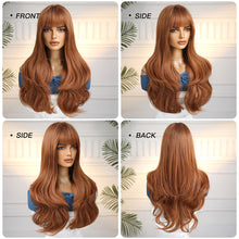 Load image into Gallery viewer, Red Brown Copper Ginger Long Wave Synthetic Wigs for Women Natural Wave Wigs with Bangs Heat Resistant Cosplay Wig Hair
