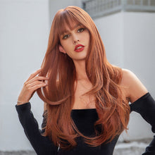 Load image into Gallery viewer, Red Brown Copper Ginger Long Wave Synthetic Wigs for Women Natural Wave Wigs with Bangs Heat Resistant Cosplay Wig Hair
