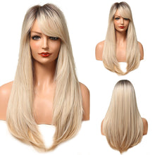 Load image into Gallery viewer, With Bangs Brown Blonde Long Straight Synthetic Wigs Cosplay Wig for Women High Temperature Natural Fake Hair
