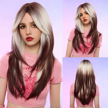 Load image into Gallery viewer, Cosplay False Hair Punk Style Pink Gradient Dark Brown Cosplay Bangs Long Straight Hair Wig Whole Wig Cover
