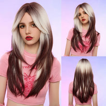 Load image into Gallery viewer, Cosplay False Hair Punk Style Pink Gradient Dark Brown Cosplay Bangs Long Straight Hair Wig Whole Wig Cover
