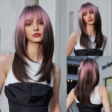 Load image into Gallery viewer, Cosplay False Hair Punk Style Pink Gradient Dark Brown Cosplay Bangs Long Straight Hair Wig Whole Wig Cover
