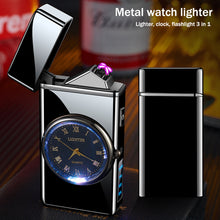 Load image into Gallery viewer, Portable Metal Dual Arc Lighter LED Display USB Rechargeable with Clock and Flashlight Flameless Lighter Outdoor Camping Men's Gifts BBQ
