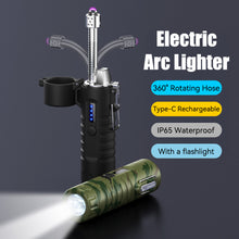Load image into Gallery viewer, 360° Rotating Hose Flashlight Electric Arc Lighter Waterproof Cigarette Lighter Retractable Type-C Rechargeable Chargering for Men Gift Outdoor Travel
