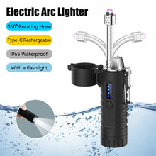 Load image into Gallery viewer, 360° Rotating Hose Flashlight Electric Arc Lighter Waterproof Cigarette Lighter Retractable Type-C Rechargeable Chargering for Men Gift Outdoor Travel
