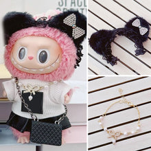Load image into Gallery viewer, Suitable for 17cm Labubu Doll Clothes Fashion Clothing Black Cat Hair Clip with Pearl Choker Necklace Mini Cute Doll Fashion Accessories
