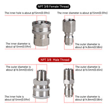 Load image into Gallery viewer, 2Pcs/Set Stainless 3/8" 1/4" Quick Connector &amp; Plug With NPT3/8 NPT1/4 Male Female Fitting Thread High Pressure Washer Accessories
