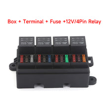 Load image into Gallery viewer, 12V Fuse Relay Box with 4 Relay Blocks 12-Way Fuse Holder Dual Pre-Wired Automotive Fuse Block with Cover for Car Truck Marine RV Boat
