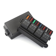 Load image into Gallery viewer, 12V Fuse Relay Box with 4 Relay Blocks 12-Way Fuse Holder Dual Pre-Wired Automotive Fuse Block with Cover for Car Truck Marine RV Boat
