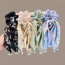 Load image into Gallery viewer, 4pcs/set Floral Bowknot Streamer Hair Band Temperamental Pearl Pendant Hair Tie Highly Elastic Rubber Band Headwear for Women
