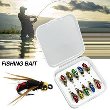 Load image into Gallery viewer, 5/10pcs Fly Shape Fishing Bait Lures with Box Artificial Insect Fishing Bait Fast Sinking Brass Bead Head Scud Fly Worm Trout
