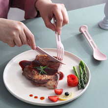 Load image into Gallery viewer, Wheat Straw Outdoor Camping 3 in 1 Portable Knife Fork Spoon Household Plastic Spoon Fork Wheat Western Tableware Set
