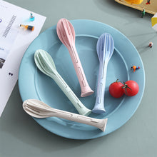 Load image into Gallery viewer, Wheat Straw Outdoor Camping 3 in 1 Portable Knife Fork Spoon Household Plastic Spoon Fork Wheat Western Tableware Set
