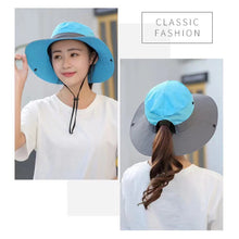 Load image into Gallery viewer, UV Protection Ladies Ponytail Hat Folding Bucket Hat Wide-Brimmed Sun Hat for Outdoor Travel Hiking Biking and Beach
