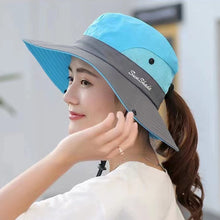 Load image into Gallery viewer, UV Protection Ladies Ponytail Hat Folding Bucket Hat Wide-Brimmed Sun Hat for Outdoor Travel Hiking Biking and Beach
