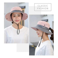 Load image into Gallery viewer, UV Protection Ladies Ponytail Hat Folding Bucket Hat Wide-Brimmed Sun Hat for Outdoor Travel Hiking Biking and Beach
