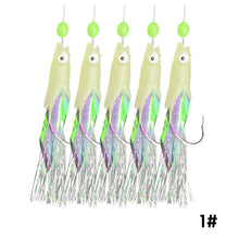 Load image into Gallery viewer, 5PCS/String Dazzling Colored Silk Luminous Fish Head String Hooks For White Strips Upturned Mouth Fish Hooks With Barbs Pins Eight-Shaped Rings
