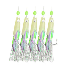 Load image into Gallery viewer, 5PCS/String Dazzling Colored Silk Luminous Fish Head String Hooks For White Strips Upturned Mouth Fish Hooks With Barbs Pins Eight-Shaped Rings
