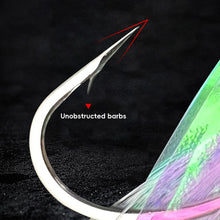 Load image into Gallery viewer, 5PCS/String Dazzling Colored Silk Luminous Fish Head String Hooks For White Strips Upturned Mouth Fish Hooks With Barbs Pins Eight-Shaped Rings
