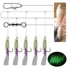 Load image into Gallery viewer, 5PCS/String Dazzling Colored Silk Luminous Fish Head String Hooks For White Strips Upturned Mouth Fish Hooks With Barbs Pins Eight-Shaped Rings

