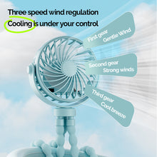Load image into Gallery viewer, Portable Rechargeable 3-speed Fan Baby Stroller Bed Mute Fan Variable Base Octopus Mini Fan Office Desktop Hands Free Fan
