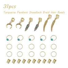 Load image into Gallery viewer, 31pcs Turquoise Pendant Dreadlock Hair Beads Alloy Feather Hair Braid Rings For Girls Women Stylish Bohemian Hair Jewelry Locks for Braids Hair Accessories
