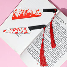 Load image into Gallery viewer, Horror Knife Clear Acrylic Bookmark with Tassel Halloween Themed Series Chopper Saw with Blood Halloween for Bookworms
