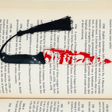 Load image into Gallery viewer, Horror Knife Clear Acrylic Bookmark with Tassel Halloween Themed Series Chopper Saw with Blood Halloween for Bookworms
