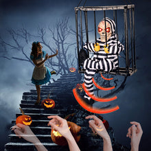 Load image into Gallery viewer, Halloween Hanging Ghost Toy with Motion Sensor &amp; LED Eyes Scary Prisoner Cage Ghost Battery Voice Activated Eerie Screams Zombie Decoration
