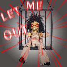 Load image into Gallery viewer, Halloween Hanging Ghost Toy with Motion Sensor &amp; LED Eyes Scary Prisoner Cage Ghost Battery Voice Activated Eerie Screams Zombie Decoration
