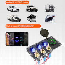 Load image into Gallery viewer, 12V Metal Toggle Switch Panel with Quick Charge ON/OFF Car Power Control 66W USB Type-C Charger Copper Tone Dashboard Panel QC3.0 Fast Charging Ports

