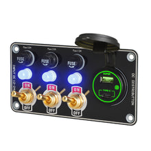 Load image into Gallery viewer, 12V Metal Toggle Switch Panel with Quick Charge ON/OFF Car Power Control 66W USB Type-C Charger Copper Tone Dashboard Panel QC3.0 Fast Charging Ports
