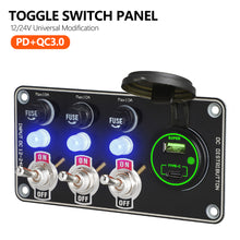 Load image into Gallery viewer, 12V Metal Toggle Switch Panel with Quick Charge ON/OFF Car Power Control 66W USB Type-C Charger Copper Tone Dashboard Panel QC3.0 Fast Charging Ports
