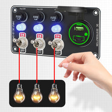 Load image into Gallery viewer, 12V Metal Toggle Switch Panel with Quick Charge ON/OFF Car Power Control 66W USB Type-C Charger Copper Tone Dashboard Panel QC3.0 Fast Charging Ports
