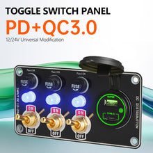Load image into Gallery viewer, 12V Metal Toggle Switch Panel with Quick Charge ON/OFF Car Power Control 66W USB Type-C Charger Copper Tone Dashboard Panel QC3.0 Fast Charging Ports

