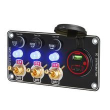 Load image into Gallery viewer, 12V Metal Toggle Switch Panel with Quick Charge ON/OFF Car Power Control 66W USB Type-C Charger Copper Tone Dashboard Panel QC3.0 Fast Charging Ports
