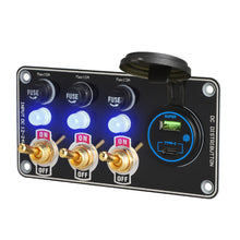 Load image into Gallery viewer, 12V Metal Toggle Switch Panel with Quick Charge ON/OFF Car Power Control 66W USB Type-C Charger Copper Tone Dashboard Panel QC3.0 Fast Charging Ports
