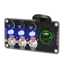 Load image into Gallery viewer, 12V Metal Toggle Switch Panel with Quick Charge ON/OFF Car Power Control 66W USB Type-C Charger Copper Tone Dashboard Panel QC3.0 Fast Charging Ports

