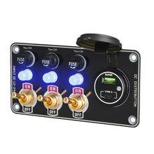 Load image into Gallery viewer, 12V Metal Toggle Switch Panel with Quick Charge ON/OFF Car Power Control 66W USB Type-C Charger Copper Tone Dashboard Panel QC3.0 Fast Charging Ports
