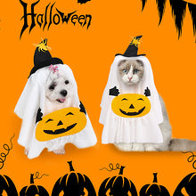 Load image into Gallery viewer, Halloween Ghost Dog Costume Hat &amp; Cloak with Candy Bag Spooky Cute Breathable Trick or Treat Pet Costume Photo Prop Pet Cosplay Gear
