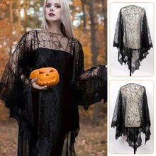 Load image into Gallery viewer, Halloween Lace Spiderweb Cape Bat Cape Elegant Gothic Shawl Witch Gothic Steampunk Cape Spider Web Capelet Halloween Costume Accessory
