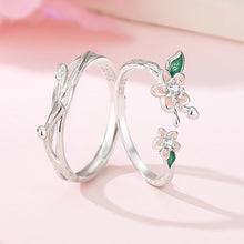Load image into Gallery viewer, Unique Enamel Floral Couple Rings S925 Sterling Silver Peach Blossom Adjustable Matching Rings with Gift Box
