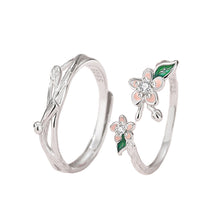 Load image into Gallery viewer, Unique Enamel Floral Couple Rings S925 Sterling Silver Peach Blossom Adjustable Matching Rings with Gift Box
