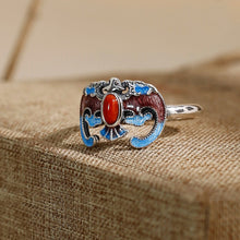 Load image into Gallery viewer, Antique Chinese Enamel Ring Adjustable Vintage S925 Silver Red Agate Bat Design with Gift Box Certificate Packaging

