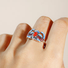 Load image into Gallery viewer, Antique Chinese Enamel Ring Adjustable Vintage S925 Silver Red Agate Bat Design with Gift Box Certificate Packaging
