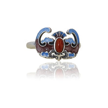 Load image into Gallery viewer, Antique Chinese Enamel Ring Adjustable Vintage S925 Silver Red Agate Bat Design with Gift Box Certificate Packaging
